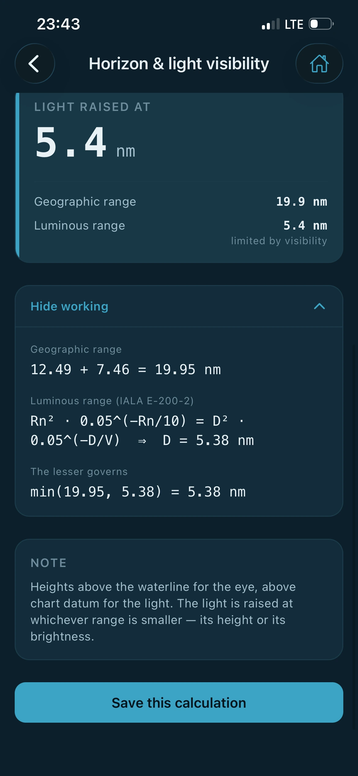 The working for a light range calculation. Geographic range 12.49 plus 7.46 equals 19.95 nautical miles. Luminous range by the IALA E 200 2 method gives 5.38. The lesser governs, so the answer is 5.38 nautical miles.