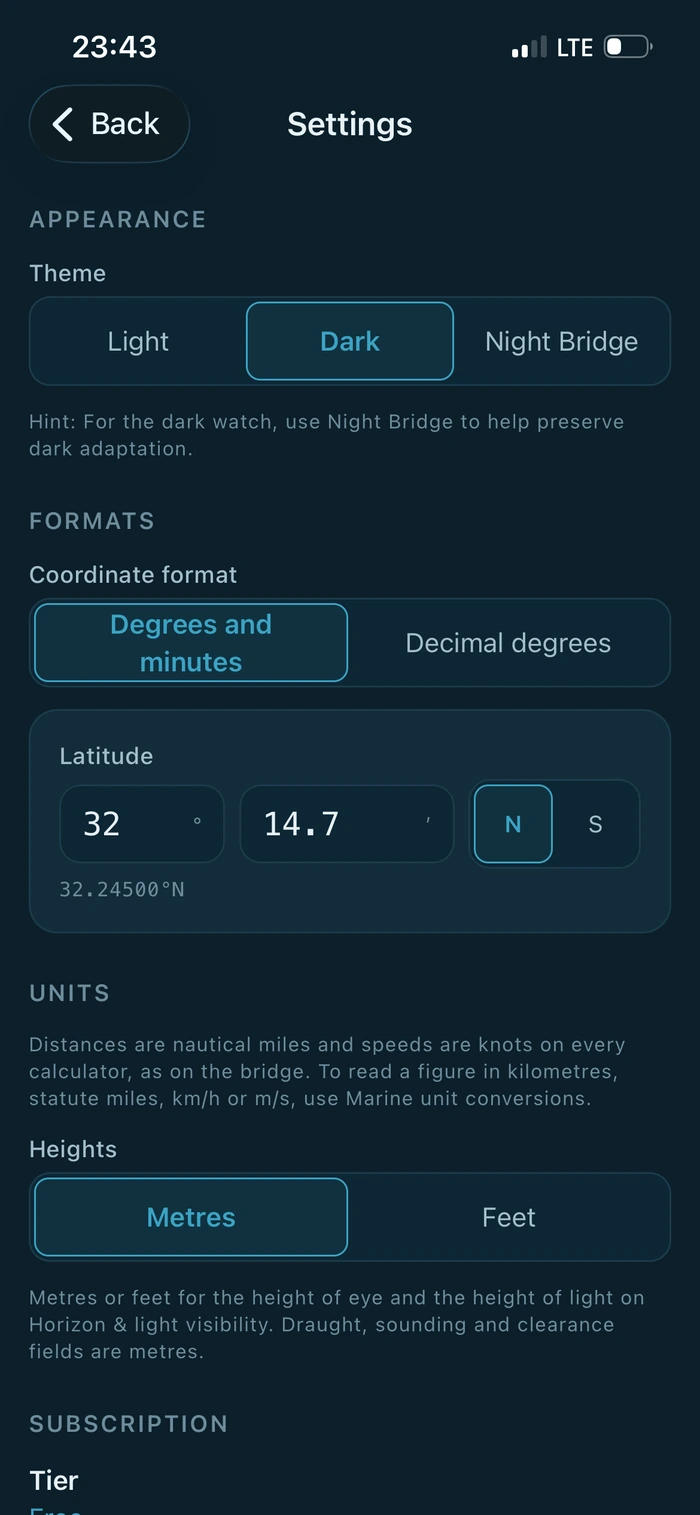 The Settings screen in the dark theme, with Dark selected in the theme control.