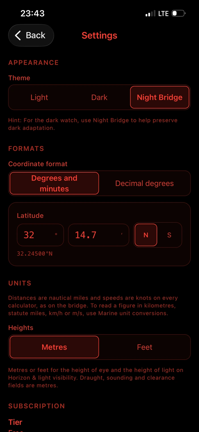 The Settings screen in the Night Bridge theme, drawn entirely in red on black, with Night Bridge selected in the theme control.